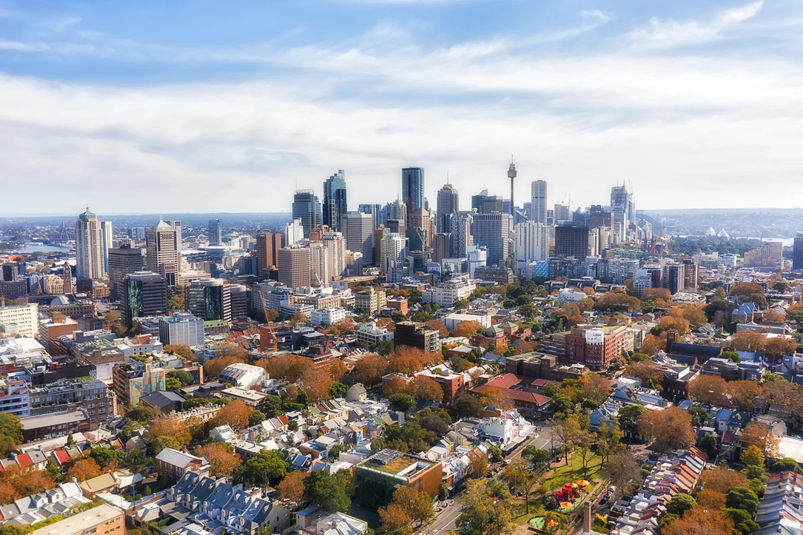 Aerial view of inner Sydney suburbs with CBD skyline, NSW