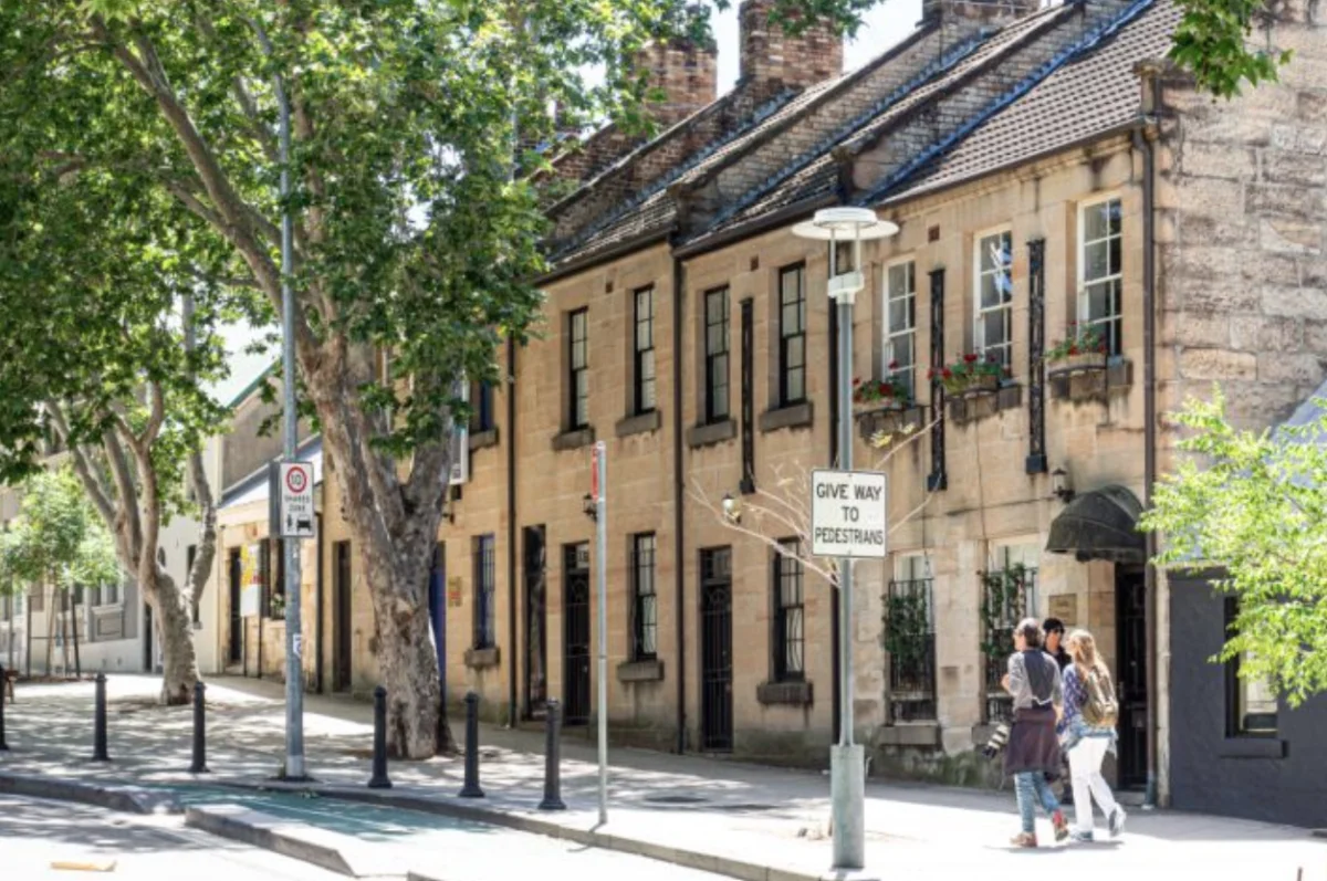 Pyrmont street with historic sandstone buildings and pedestrians